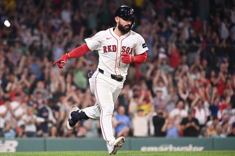 Aug 13, 2024; Boston, Massachusetts, USA; Boston Red Sox catcher Connor Wong (12) rounds the bases after hitting a three-run home run during the fifth inning against the Texas Rangers at Fenway Park. Mandatory Credit: Eric Canha-USA TODAY Sports