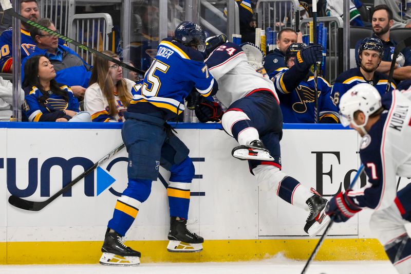 Oct 1, 2024; St. Louis, Missouri, USA;  St. Louis Blues defenseman Tyler Tucker (75) checks Columbus Blue Jackets right wing Mathieu Olivier (24) during the third period at Enterprise Center. Mandatory Credit: Jeff Curry-Imagn Images