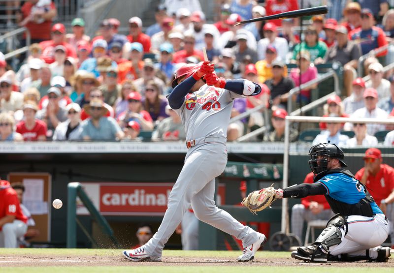 Mar 16, 2025; Jupiter, Florida, USA;  St. Louis Cardinals catcher Willson Contreras (40) breaks his bat against the Miami Marlins during the first inning at Roger Dean Chevrolet Stadium. Mandatory Credit: Rhona Wise-Imagn Images