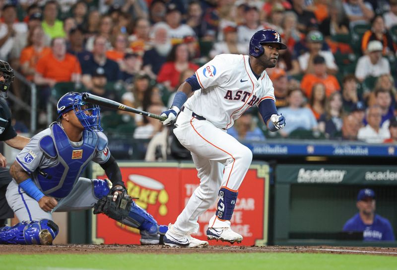 Aug 31, 2024; Houston, Texas, USA; Houston Astros left fielder Yordan Alvarez (44) bats during the first inning against the Kansas City Royals at Minute Maid Park. Mandatory Credit: Troy Taormina-USA TODAY Sports