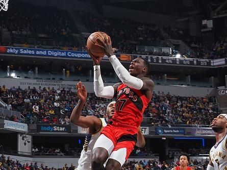 INDIANAPOLIS, IN - NOVEMBER 22: Dennis Schroder #17 of the Toronto Raptors drives to the basket during the game against the Indiana Pacers on November 22, 2023 at Gainbridge Fieldhouse in Indianapolis, Indiana. NOTE TO USER: User expressly acknowledges and agrees that, by downloading and or using this Photograph, user is consenting to the terms and conditions of the Getty Images License Agreement. Mandatory Copyright Notice: Copyright 2023 NBAE (Photo by Ron Hoskins/NBAE via Getty Images)