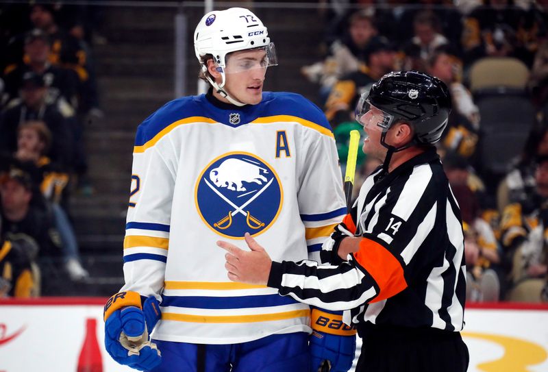 Oct 16, 2024; Pittsburgh, Pennsylvania, USA;  Buffalo Sabres center Tage Thompson (72) talks with referee Trevor Hanson (14) against the Pittsburgh Penguins during the third period at PPG Paints Arena. Mandatory Credit: Charles LeClaire-Imagn Images