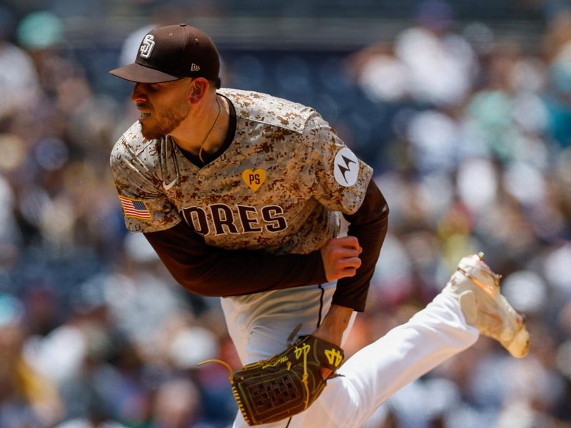 May 26, 2024; San Diego, California, USA; San Diego Padres starting pitcher Joe Musgrove (44) throws a pitch in the first inning against the New York Yankees at Petco Park. Mandatory Credit: David Frerker-USA TODAY Sports