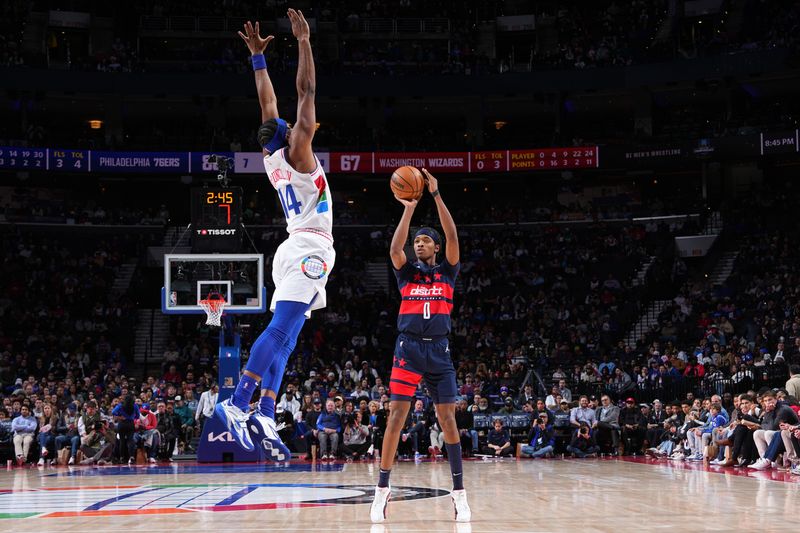 PHILADELPHIA, PA - JANUARY 8: Bilal Coulibaly #0 of the Washington Wizards shoots the ball during the game against the Philadelphia 76ers on January 8, 2025 at the Wells Fargo Center in Philadelphia, Pennsylvania NOTE TO USER: User expressly acknowledges and agrees that, by downloading and/or using this Photograph, user is consenting to the terms and conditions of the Getty Images License Agreement. Mandatory Copyright Notice: Copyright 2025 NBAE (Photo by Jesse D. Garrabrant/NBAE via Getty Images)