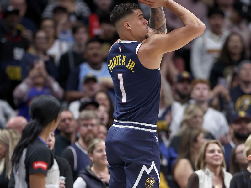 DENVER, COLORADO - FEBRUARY 22: Michael Porter Jr. #1 of the Denver Nuggets puts up a shot against the Washington Wizards in the first quarter at Ball Arena on February 22, 2024 in Denver, Colorado. NOTE TO USER: User expressly acknowledges and agrees that, by downloading and or using this photograph, User is consenting to the terms and conditions of the Getty Images License Agreement. (Photo by Matthew Stockman/Getty Images)