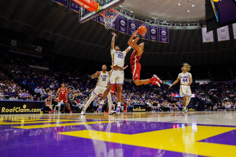 Feb 4, 2023; Baton Rouge, Louisiana, USA; Alabama Crimson Tide guard Jahvon Quinerly (5) shoots the ball against LSU Tigers forward Derek Fountain (20) during the second half at Pete Maravich Assembly Center. Mandatory Credit: Andrew Wevers-USA TODAY Sports