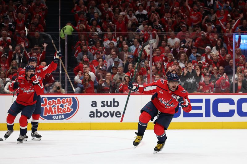 Apr 30, 2025; Washington, District of Columbia, USA; Washington Capitals left wing Alex Ovechkin (8) celebrates after scoring a goal against the Montreal Canadiens in the first period in game five of the first round of the 2025 Stanley Cup Playoffs at Capital One Arena. Mandatory Credit: Geoff Burke-Imagn Images