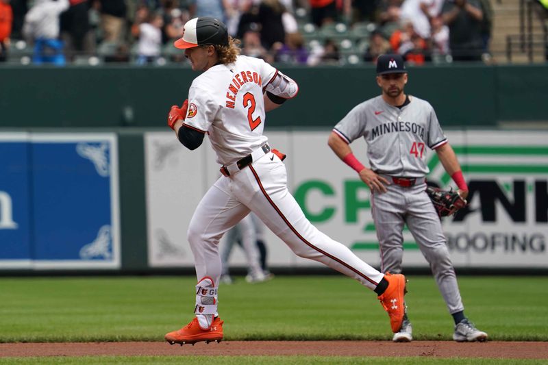 Apr 17, 2024; Baltimore, Maryland, USA; Baltimore Orioles shortstop Gunnar Henderson (2) rounds the bases following his solo home run in the first inning against the Minnesota Twins at Oriole Park at Camden Yards. Mandatory Credit: Mitch Stringer-USA TODAY Sports