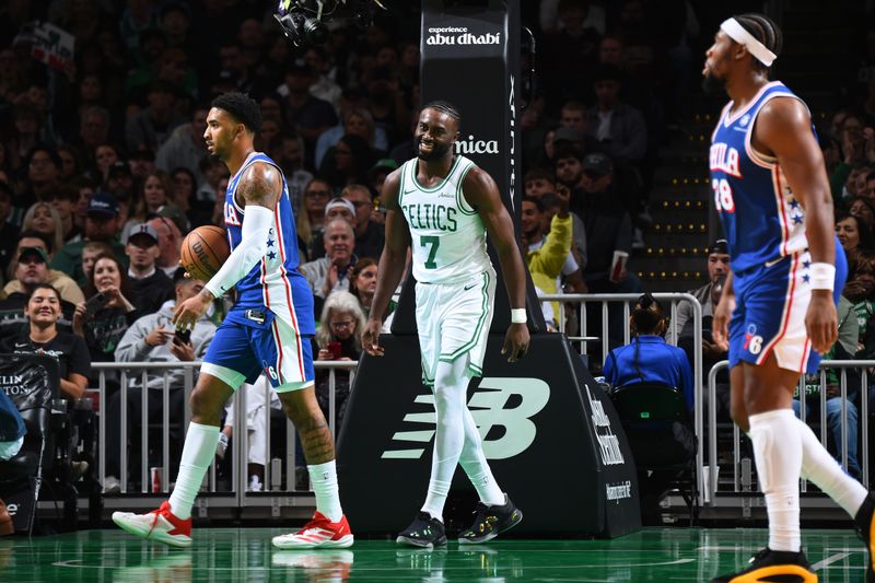 BOSTON, MA - OCTOBER 12: Jaylen Brown #7 of the Boston Celtics smiles during the game against the Philadelphia 76ers during a NBA Preseason game on October 12, 2024 at TD Garden in Boston, Massachusetts. NOTE TO USER: User expressly acknowledges and agrees that, by downloading and/or using this Photograph, user is consenting to the terms and conditions of the Getty Images License Agreement. Mandatory Copyright Notice: Copyright 2024 NBAE (Photo by Brian Babineau/NBAE via Getty Images)