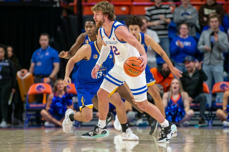 Jan 3, 2023; Boise, Idaho, USA; Boise State Broncos guard Max Rice (12) dribbles the ball during the first half against the San Jose State Spartans at ExtraMile Arena. Mandatory Credit: Brian Losness-USA TODAY Sports


