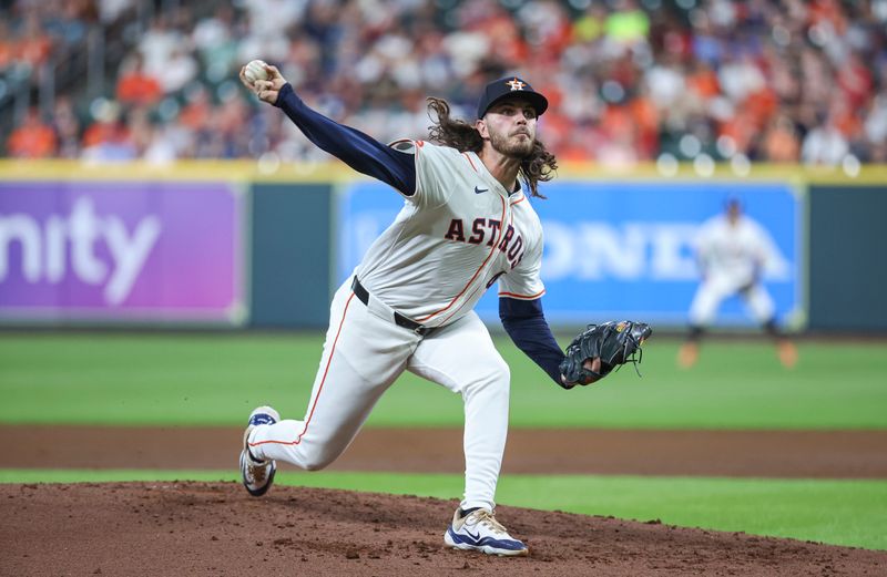 Jun 4, 2024; Houston, Texas, USA; Houston Astros starting pitcher Spencer Arrighetti (41) delivers a pitch during the second inning against the St. Louis Cardinals at Minute Maid Park. Mandatory Credit: Troy Taormina-USA TODAY Sports