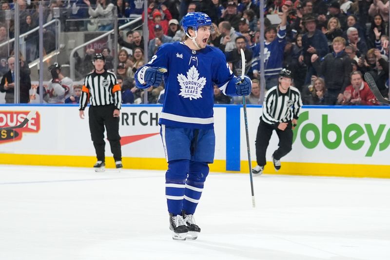 Dec 27, 2025; Toronto, Ontario, CAN; Toronto Maple Leafs forward Matthew Knies (23) reacts after scoring against the Ottawa Senators during the first period at Scotiabank Arena. Mandatory Credit: John E. Sokolowski-Imagn Images