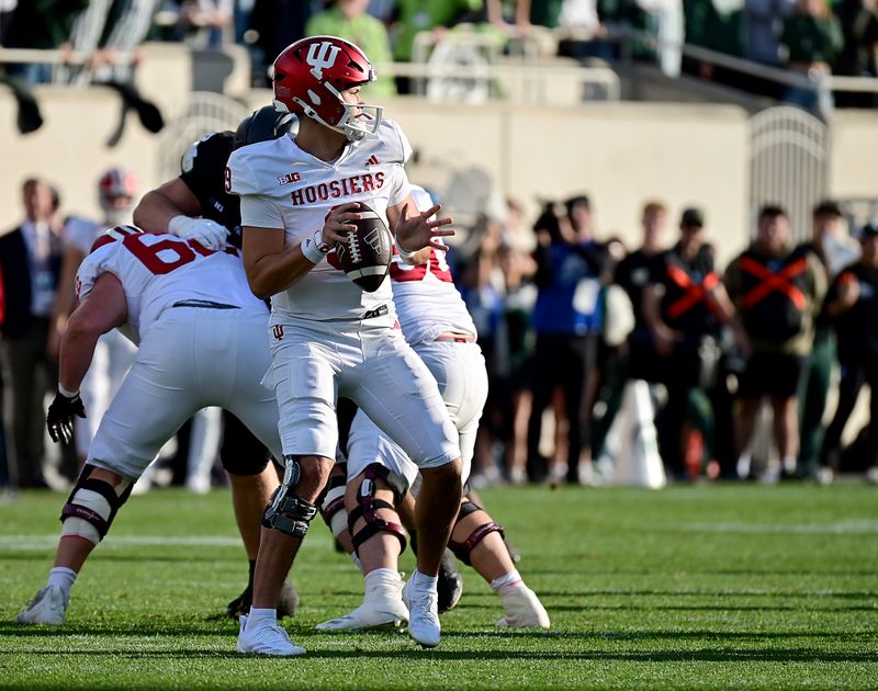 Nov 2, 2024; East Lansing, Michigan, USA;  Indiana Hoosiers quarterback Kurtis Rourke (9) looks for a receiver during the second quarter against the Michigan State Spartans at Spartan Stadium. Mandatory Credit: Dale Young-Imagn Images