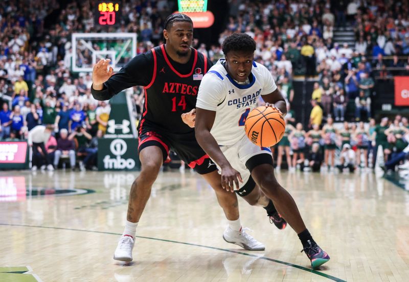 Jan 30, 2024; Fort Collins, Colorado, USA; Colorado State Rams guard Isaiah Stevens (4) drives past San Diego State Aztecs guard Reese Waters (14) during the 2nd half at Moby Arena. Mandatory Credit: Chet Strange-USA TODAY Sports