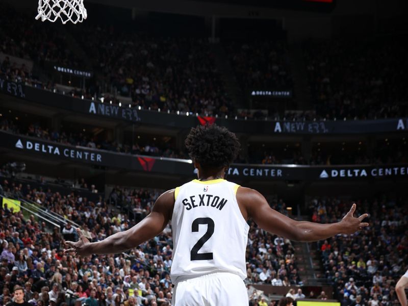 SALT LAKE CITY, UT - FEBRUARY 1: Colin Sexton #2 of the Utah Jazz looks on during the game against the Philadelphia 76ers on February 1, 2024 at Delta Center in Salt Lake City, Utah. NOTE TO USER: User expressly acknowledges and agrees that, by downloading and or using this Photograph, User is consenting to the terms and conditions of the Getty Images License Agreement. Mandatory Copyright Notice: Copyright 2024 NBAE (Photo by Melissa Majchrzak/NBAE via Getty Images)