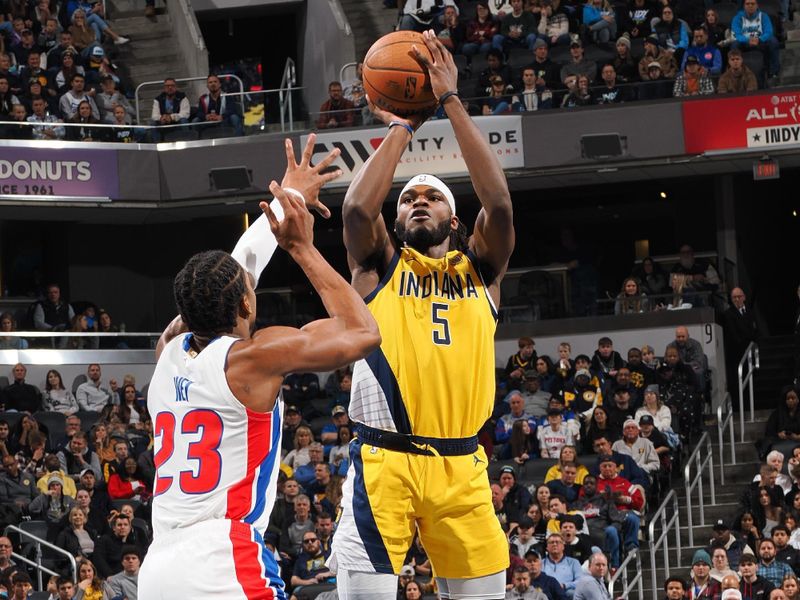 INDIANAPOLIS, IN - NOVEMBER 29: Jarace Walker #5 of the Indiana Pacers shoots the ball during the game against the Detroit Pistons during the Emirates NBA Cup game on November 29, 2024 at Gainbridge Fieldhouse in Indianapolis, Indiana. NOTE TO USER: User expressly acknowledges and agrees that, by downloading and or using this Photograph, user is consenting to the terms and conditions of the Getty Images License Agreement. Mandatory Copyright Notice: Copyright 2024 NBAE (Photo by Ron Hoskins/NBAE via Getty Images)