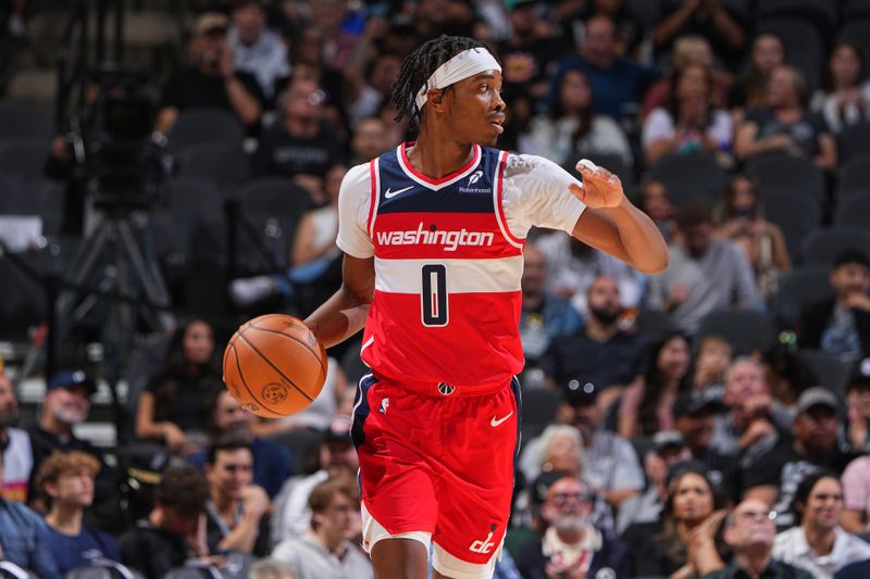 SAN ANTONIO, TX - NOVEMBER 13: Bilal Coulibaly #0 of the Washington Wizards dribbles the ball during the game against the San Antonio Spurs on November 13, 2024 at the Frost Bank Center in San Antonio, Texas. NOTE TO USER: User expressly acknowledges and agrees that, by downloading and or using this photograph, user is consenting to the terms and conditions of the Getty Images License Agreement. Mandatory Copyright Notice: Copyright 2024 NBAE (Photos byGarrett Ellwood/NBAE via Getty Images)