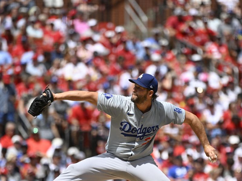 Aug 18, 2024; St. Louis, Missouri, USA; Los Angeles Dodgers starting pitcher Clayton Kershaw (22) pitches against the St. Louis Cardinals in the first inning at Busch Stadium. Mandatory Credit: Joe Puetz-USA TODAY Sports