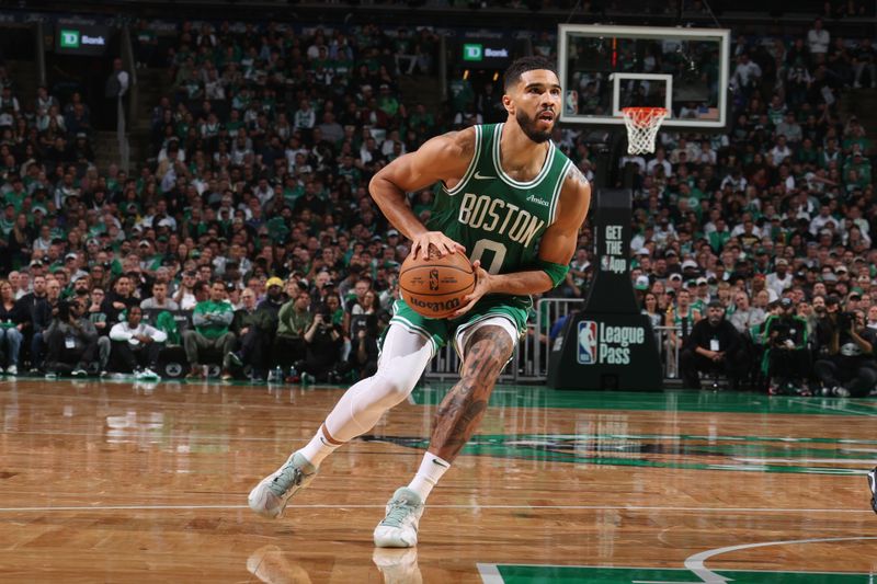 BOSTON, MA - OCTOBER 22: Jayson Tatum #0 of the Boston Celtics handles the ball during the game against the New York Knicks on October 22, 2024 at TD Garden in Boston, Massachusetts. NOTE TO USER: User expressly acknowledges and agrees that, by downloading and or using this Photograph, user is consenting to the terms and conditions of the Getty Images License Agreement. Mandatory Copyright Notice: Copyright 2024 NBAE (Photo by Nathaniel S. Butler/NBAE via Getty Images)