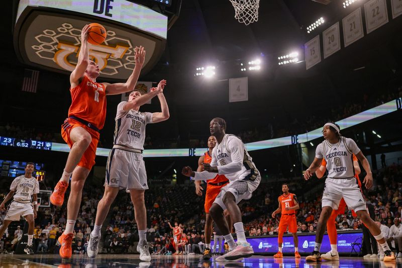 Jan 24, 2026; Atlanta, Georgia, USA; Clemson Tigers forward Nick Davidson (11) shoots against the Georgia Tech Yellow Jackets in the first half at McCamish Pavilion. Mandatory Credit: Brett Davis-Imagn Images