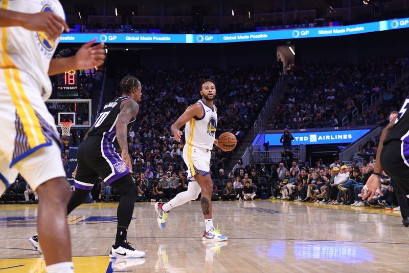 SAN FRANCISCO, CA - OCTOBER 11: Kyle Anderson #1 of the Golden State Warriors handles the ball during the game against the Sacramento Kings during a NBA Preseason game on October 11, 2024 at Chase Center in San Francisco, California. NOTE TO USER: User expressly acknowledges and agrees that, by downloading and or using this photograph, user is consenting to the terms and conditions of Getty Images License Agreement. Mandatory Copyright Notice: Copyright 2024 NBAE (Photo by Noah Graham/NBAE via Getty Images)