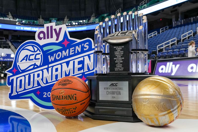 Mar 10, 2024; Greensboro, NC, USA; General view of the Championship trophy prior to the game between NC State and Notre Dame at Greensboro Coliseum. Mandatory Credit: David Yeazell-USA TODAY Sports