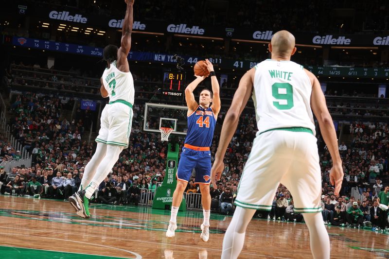 BOSTON, MA - APRIL 11: Bojan Bogdanovic #44 of the New York Knicks shoots the ball during the game against the Boston Celtics on April 11, 2024 at the TD Garden in Boston, Massachusetts. NOTE TO USER: User expressly acknowledges and agrees that, by downloading and or using this photograph, User is consenting to the terms and conditions of the Getty Images License Agreement. Mandatory Copyright Notice: Copyright 2024 NBAE  (Photo by Nathaniel S. Butler/NBAE via Getty Images)