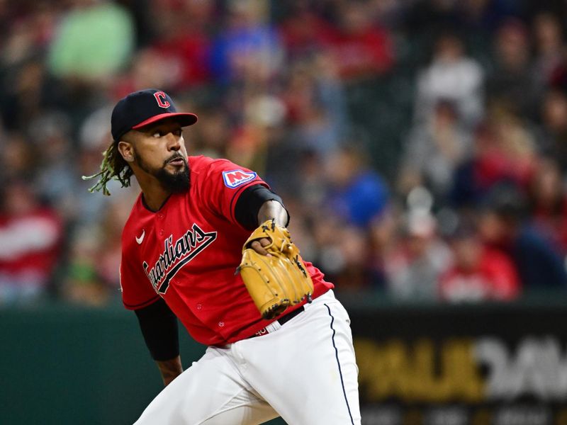 Sep 16, 2023; Cleveland, Ohio, USA; Cleveland Guardians relief pitcher Emmanuel Clase (48) throws a pitch during the ninth inning against the Texas Rangers at Progressive Field. Mandatory Credit: Ken Blaze-USA TODAY Sports