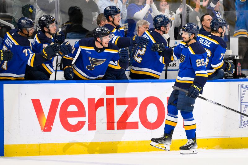 Mar 23, 2025; St. Louis, Missouri, USA;  St. Louis Blues center Jordan Kyrou (25) is congratulated by teammates after scoring against the Nashville Predators during the first period at Enterprise Center. Mandatory Credit: Jeff Curry-Imagn Images