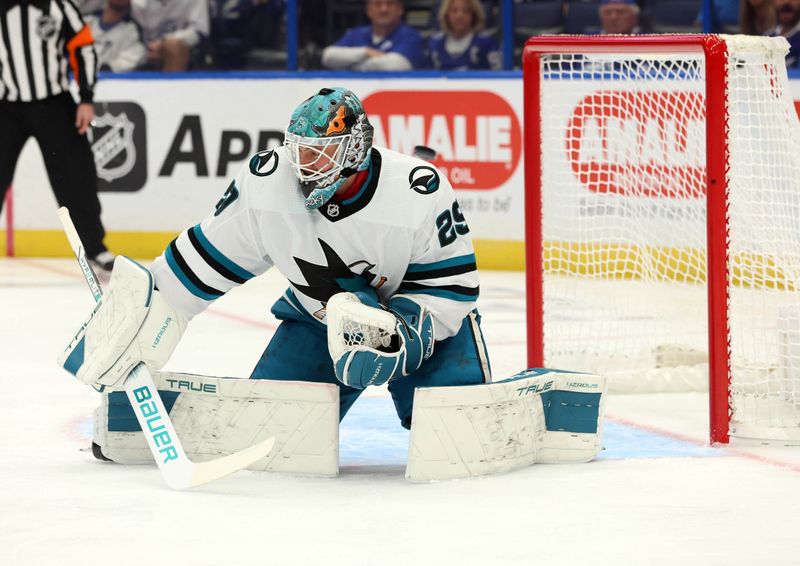 Oct 26, 2023; Tampa, Florida, USA; San Jose Sharks goaltender Mackenzie Blackwood (29) makes a saves against the Tampa Bay Lightning during the first period at Amalie Arena. Mandatory Credit: Kim Klement Neitzel-USA TODAY Sports