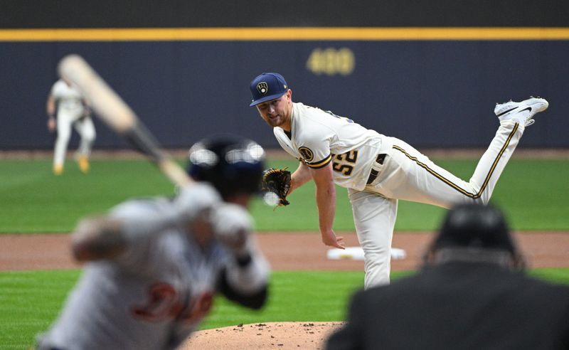 Apr 25, 2023; Milwaukee, Wisconsin, USA; Milwaukee Brewers starting pitcher Eric Lauer (52) delivers a pitch against the Detroit Tigers in the first inning at American Family Field. Mandatory Credit: Michael McLoone-USA TODAY Sports