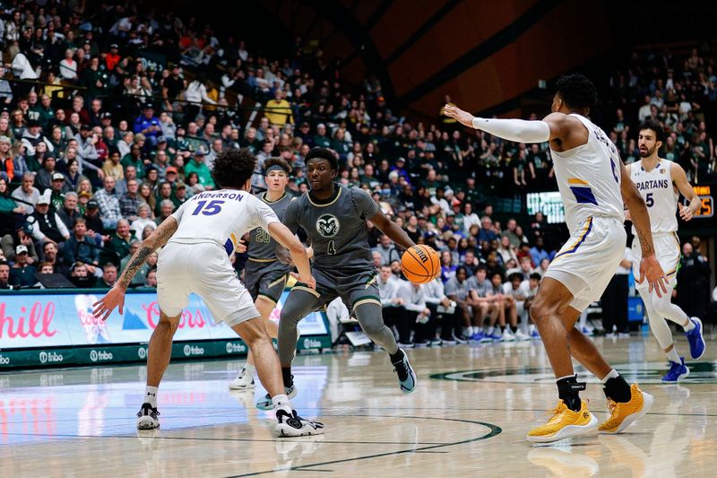 Feb 9, 2024; Fort Collins, Colorado, USA; Colorado State Rams guard Isaiah Stevens (4) controls the ball against San Jose State Spartans forward Trey Anderson (15) as guard Myron Amey Jr. (0) defends in the second half at Moby Arena. Mandatory Credit: Isaiah J. Downing-USA TODAY Sports