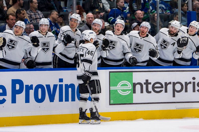 Mar 25, 2024; Vancouver, British Columbia, CAN; Los Angeles Kings forward Blake Lizotte (46) celebrates his goal against the Vancouver Canucks in the second period  at Rogers Arena. Mandatory Credit: Bob Frid-USA TODAY Sports