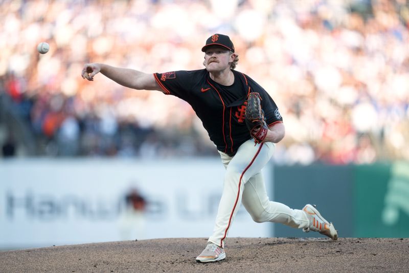 Sep 13, 2025; San Francisco, California, USA; San Francisco Giants pitcher Logan Webb (62) delivers a pitch against the Los Angeles Dodgers in the first inning at Oracle Park. Mandatory Credit: Cary Edmondson-Imagn Images