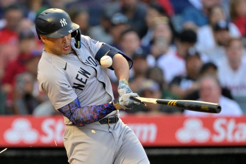 May 29, 2024; Anaheim, California, USA; New York Yankees designated hitter Giancarlo Stanton (27) breaks his bat on a fly out in the fourth inning against the Los Angeles Angels at Angel Stadium. Mandatory Credit: Jayne Kamin-Oncea-USA TODAY Sports