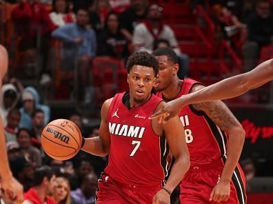 MIAMI, FL - DECEMBER 25:  Kyle Lowry #7 of the Miami Heat handles the ball during the game  on December 25, 2023 at Kaseya Center Arena in Miami, Florida. NOTE TO USER: User expressly acknowledges and agrees that, by downloading and or using this Photograph, user is consenting to the terms and conditions of the Getty Images License Agreement. Mandatory Copyright Notice: Copyright 2023 NBAE (Photo by Issac Baldizon/NBAE via Getty Images)