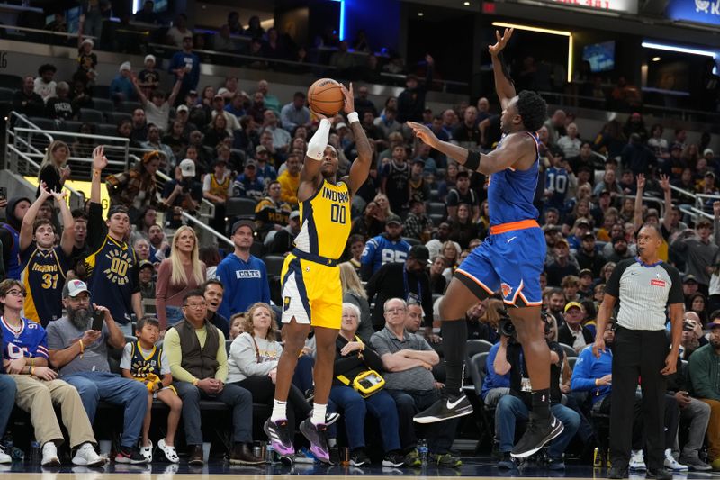 INDIANAPOLIS, IN - NOVEMBER 10: Bennedict Mathurin #00 of the Indiana Pacers shoots a three point basket during the game against the New York Knicks on November 10, 2024 at Gainbridge Fieldhouse in Indianapolis, Indiana. NOTE TO USER: User expressly acknowledges and agrees that, by downloading and or using this Photograph, user is consenting to the terms and conditions of the Getty Images License Agreement. Mandatory Copyright Notice: Copyright 2024 NBAE (Photo by A.J. Mast/NBAE via Getty Images)