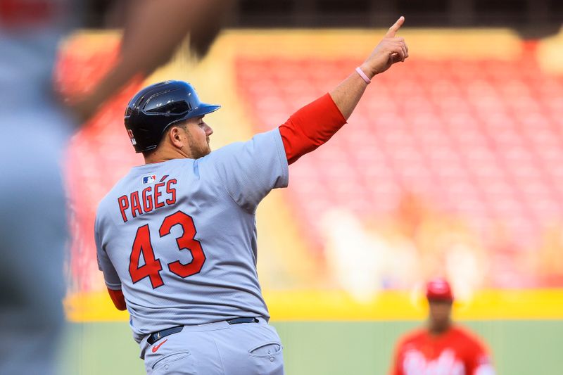 Apr 30, 2025; Cincinnati, Ohio, USA; St. Louis Cardinals catcher Pedro Pages (43) reacts after hitting a solo home run in the second inning against the Cincinnati Reds at Great American Ball Park. Mandatory Credit: Katie Stratman-Imagn Images