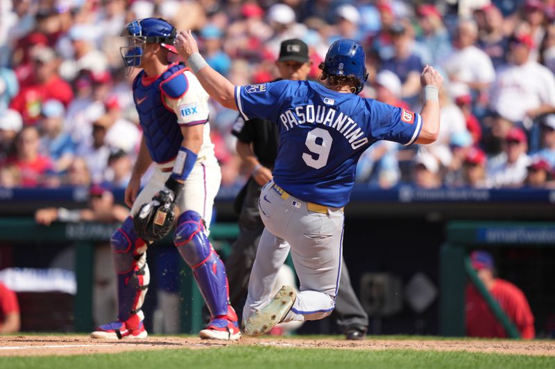 Sep 14, 2025; Philadelphia, Pennsylvania, USA; Kansas City Royals infielder Vinnie Pasquantino (9) slides home to score against the Philadelphia Phillies in the seventh inning at Citizens Bank Park. Mandatory Credit: Kyle Ross-Imagn Images
