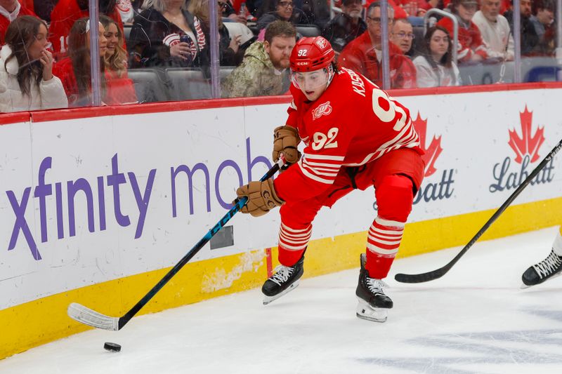 Mar 21, 2026; Detroit, Michigan, USA; Detroit Red Wings center Marco Kasper (92) handles the puck during the second period against the Boston Bruins at Little Caesars Arena. Mandatory Credit: Brian Bradshaw Sevald-Imagn Images Mar 21, 2026; Detroit, Michigan, USA; Detroit Red Wings center Marco Kasper (92) handles the puck during the second period against the Boston Bruins at Little Caesars Arena. Mandatory Credit: Brian Bradshaw Sevald-Imagn Images