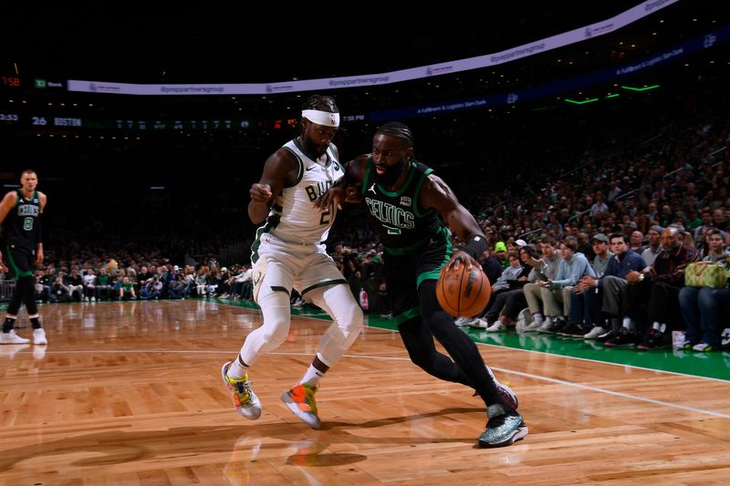 BOSTON, MA - MARCH 20: Jaylen Brown #7 of the Boston Celtics handles the ball during the game against the Milwaukee Bucks on March 20, 2024 at the TD Garden in Boston, Massachusetts. NOTE TO USER: User expressly acknowledges and agrees that, by downloading and or using this photograph, User is consenting to the terms and conditions of the Getty Images License Agreement. Mandatory Copyright Notice: Copyright 2024 NBAE  (Photo by Brian Babineau/NBAE via Getty Images)