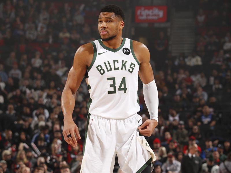 PORTLAND, OR - JANUARY 28: Giannis Antetokounmpo #34 of the Milwaukee Bucks looks on during the game against the Portland Trail Blazers on January 28, 2025 at the Moda Center Arena in Portland, Oregon. NOTE TO USER: User expressly acknowledges and agrees that, by downloading and or using this photograph, user is consenting to the terms and conditions of the Getty Images License Agreement. Mandatory Copyright Notice: Copyright 2025 NBAE (Photo by Cameron Browne/NBAE via Getty Images)