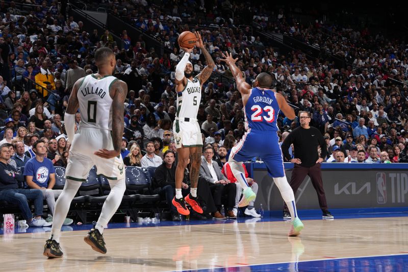 PHILADELPHIA, PA - OCTOBER 23: Gary Trent Jr. #5 of the Milwaukee Bucks shoots the ball during the game against the Philadelphia 76ers on October 23, 2024 at the Wells Fargo Center in Philadelphia, Pennsylvania NOTE TO USER: User expressly acknowledges and agrees that, by downloading and/or using this Photograph, user is consenting to the terms and conditions of the Getty Images License Agreement. Mandatory Copyright Notice: Copyright 2024 NBAE (Photo by Jesse D. Garrabrant/NBAE via Getty Images)