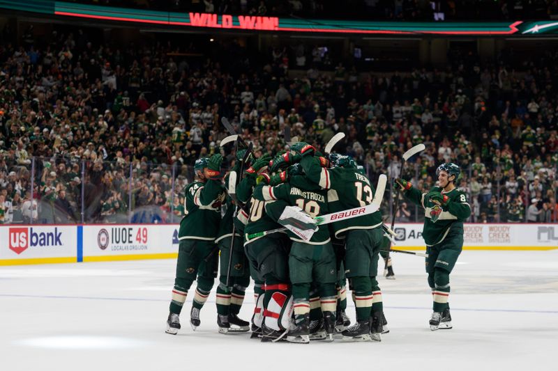Oct 13, 2025; Saint Paul, Minnesota, USA; The Minnesota Wild defeat the Los Angeles Kings in shootouts at Grand Casino Arena. Mandatory Credit: Matt Blewett-Imagn Images