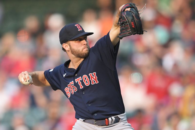 Jun 7, 2023; Cleveland, Ohio, USA; Boston Red Sox starting pitcher Kutter Crawford (50) throws a pitch during the first inning against the Cleveland Guardians at Progressive Field. Mandatory Credit: Ken Blaze-USA TODAY Sports