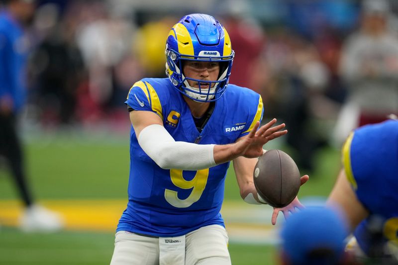 Los Angeles Rams quarterback Matthew Stafford warms up before an NFL football game against the Washington Commanders Sunday, Dec. 17, 2023, in Inglewood, Calif. (AP Photo/Marcio Jose Sanchez)