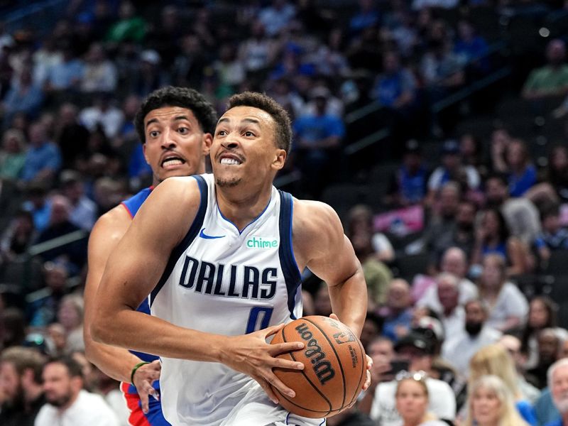 DALLAS, TX - OCTOBER 20: Dante Exum #0 of the Dallas Mavericks drives to the basket during the game against the Detroit Pistons on October 20, 2023 at the American Airlines Center in Dallas, Texas. NOTE TO USER: User expressly acknowledges and agrees that, by downloading and or using this photograph, User is consenting to the terms and conditions of the Getty Images License Agreement. Mandatory Copyright Notice: Copyright 2023 NBAE (Photo by Glenn James/NBAE via Getty Images)