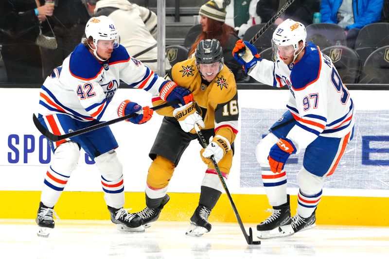 Dec 3, 2024; Las Vegas, Nevada, USA; Vegas Golden Knights left wing Pavel Dorofeyev (16) skates between Edmonton Oilers right wing Kasperi Kapanen (42) and Edmonton Oilers center Connor McDavid (97) during the second period at T-Mobile Arena. Mandatory Credit: Stephen R. Sylvanie-Imagn Images