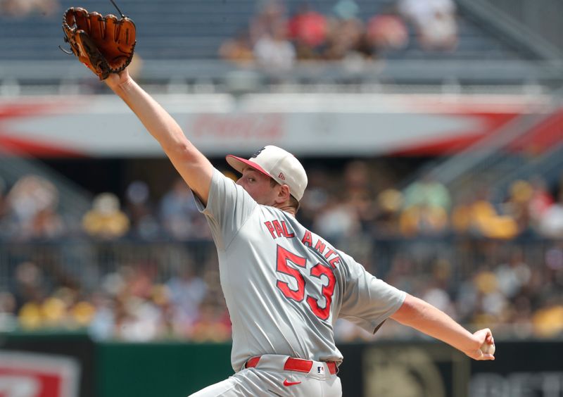 Jul 4, 2024; Pittsburgh, Pennsylvania, USA; St. Louis Cardinals starting pitcher Andre Pallante (53) delivers a pitch against the Pittsburgh Pirates during the first inning at PNC Park. Mandatory Credit: Charles LeClaire-USA TODAY Sports