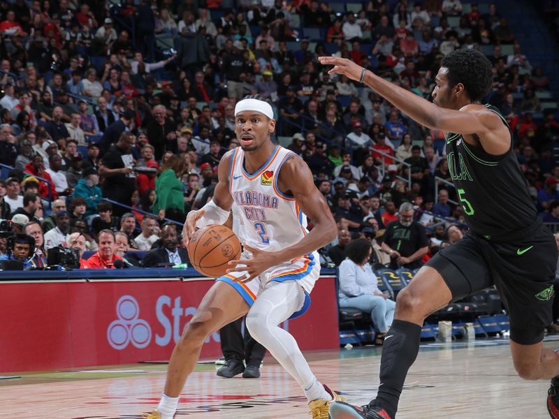 NEW ORLEANS, LA - MARCH 26: Shai Gilgeous-Alexander #2 of the Oklahoma City Thunder handles the ball during the game  on March 26, 2024 at the Smoothie King Center in New Orleans, Louisiana. NOTE TO USER: User expressly acknowledges and agrees that, by downloading and or using this Photograph, user is consenting to the terms and conditions of the Getty Images License Agreement. Mandatory Copyright Notice: Copyright 2024 NBAE (Photo by Jonathan Bachman/NBAE via Getty Images)